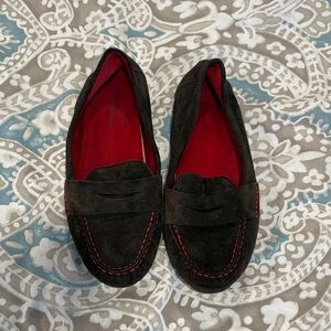White Mountain Black Suede Loafers with Red Stitching